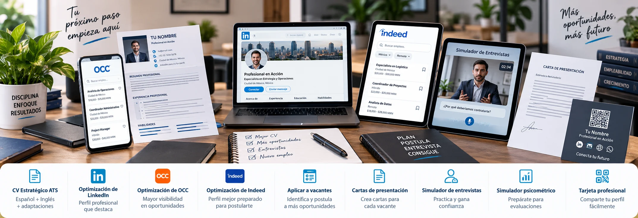 Servicios incluidos en la Metodología Completa de Fénix Pro Expert: CV Estratégico ATS, LinkedIn, OCC, Indeed, vacantes, cartas de presentación, entrevistas, pruebas psicométricas y tarjeta profesional